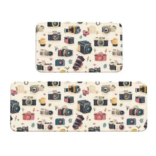 GVYGVY - Juego de 2 alfombrillas de cocina antifatiga para el suelo, diseño de cámara retro, lavable y antideslizante, para oficina, baño, lavandería, decoración del hogar y accesorios