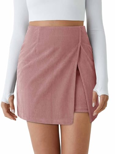 Cicy Bell Womens Corduroy Mini Skirt Casual High Waisted Side Slit A-line Work Short Skirts Pink