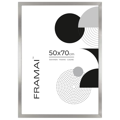 FRAMAI® Bilderrahmen 50x70 cm Silber MDF Umweltfreundlichem Rahmen mit Bruchsicheren Plexi, Aufhänger und Aufsteller