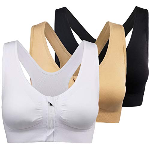 zpllsbratos Lot de 2/3 Soutiens-Gorge Sport Yoga Fermeture Devant Push Up sans Couture sans Armature avec Coussinets Amovibles(Beige+Blanc+Noir,XL) Cover
