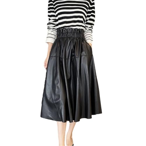 Women Leather Elastic Waist Pleated Skirt Solid Elastic Waist with Pocket Casual Skirt