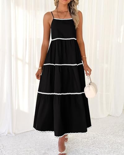 Image of BTFBM Boho Summer Dresses 2025 Spaghetti Strap Backless Sundress RIC Rac Trim Tiered A-Line Long Casual Vacation Dress