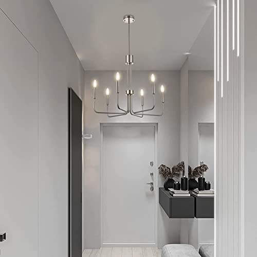 Niloah Modern Farmhouse Chandeliers For Dining Room, 6-Light Brushed Nickel Chandeliers, 28 Inch Dining Room Light Fixture Over Table, Adjustable Height #TOP4