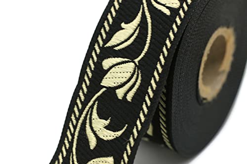 11 Yard Spool 1.37 Inches Wide Black And Gold Ottoman Tulips Jacquard Ribbon Sewing Trim Upholstery Fabric Costume Drapery Making Trimming 35090 #TOP3