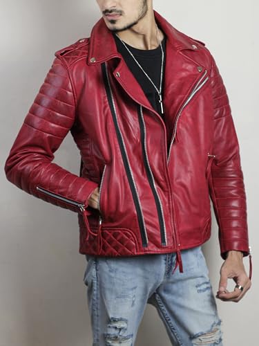 Red Leather Jacket Men | Biker Hooded Bomber Moto Real Lambskin Jackets3