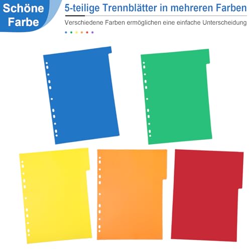 Thboxes Register für Ordner A4, 5er Set 5-Teilige Ordner Trennblätter Bunte PP Register A4 für Ringordner Hebelordner Aktenordner Büro Schule