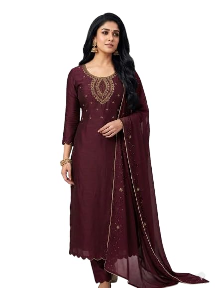 Women’s Unstitched Pure Vichitra Satin Salwar Suit Dress Material with Copper Look Handwork Neckline, Santoon Bottom & Inner, Heavy Embroidered Border Dupatta, Party Style Ethnic Suit Set-picture-10