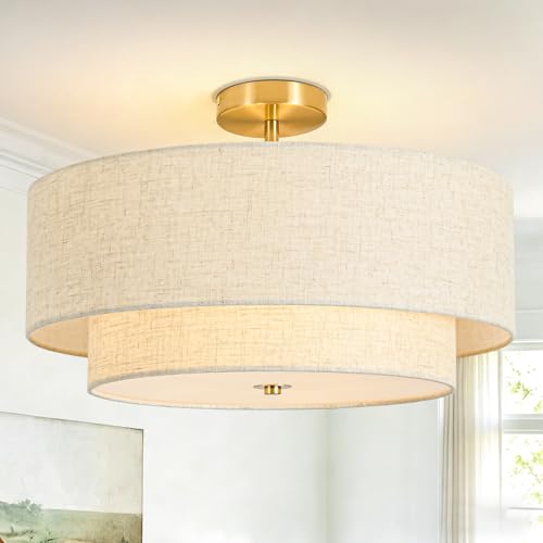 19.7' Semi Flush Mount Ceiling Light, 4-Light Drum Ceiling Light Fixture with 2-Tier Fabric Linen Shade Design, Modern Classic Ceiling Light for Dining Room, Living Room, Bedroom, Hallway, Entryway