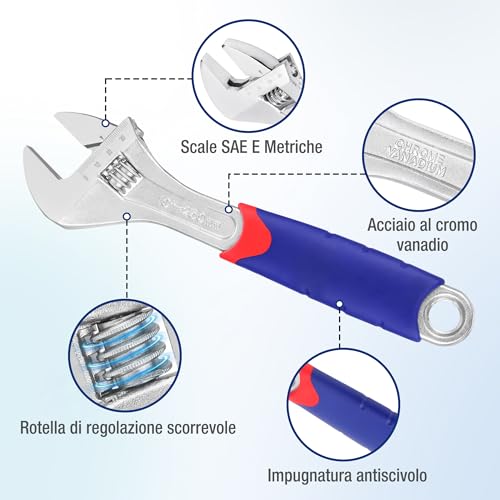 Workpro Set Di Chiavi Regolabili 3 Pezzi, Chiave A Rullino 150, 200, 250Mm, Chiave Inglese Regolabile A Bocca Larga 19, 24, 28Mm, Con Impugnatura In Gomma - 3