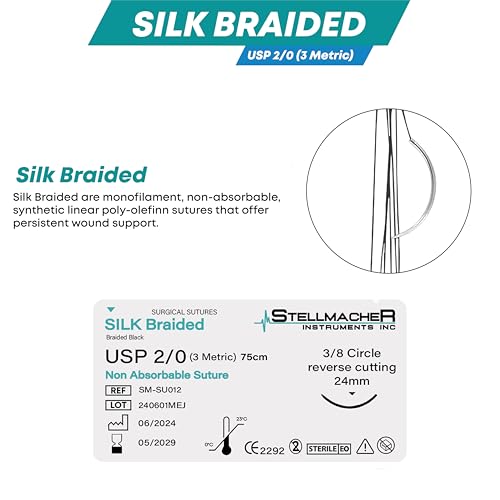 StellMacher Sutures Thread with Needle Silk Braided | 12 Pcs Surgical Practice Sutures for Medical & Nursing Students | Training Sterile Stitching, First Aid Emergency Travel, Vet Demo Use (Silk 2/0)
