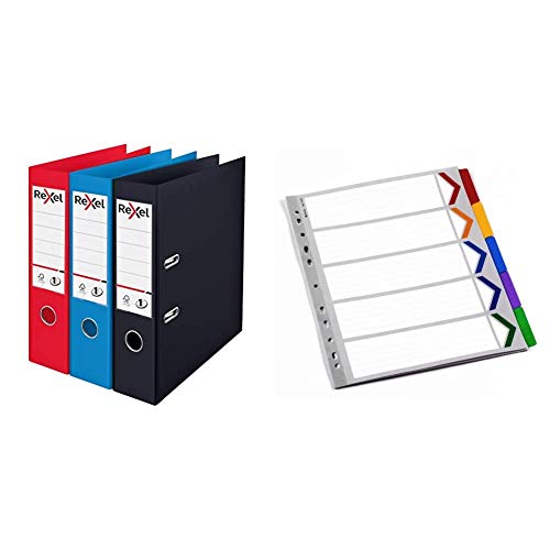 Rexel Choices A4 Lever Arch Files, Black, 3 File Folders with Mylar A4+ Dividers Extra Wide 5 Part - White/Multicolour Bundle