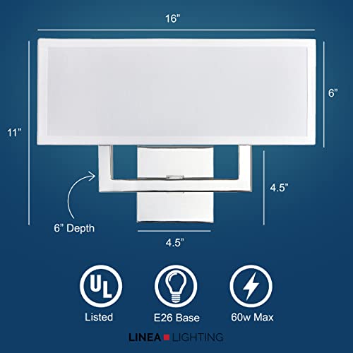 Linea Di Liara Sofia 2-Light Modern Wall Sconce Wall Lighting Fixture Polished Chrome With White Fabric Shade Hallway Indoor Wall Lights Wall Lamp For Bedroom And Bathroom Sconces, Ul Listed #TOP2