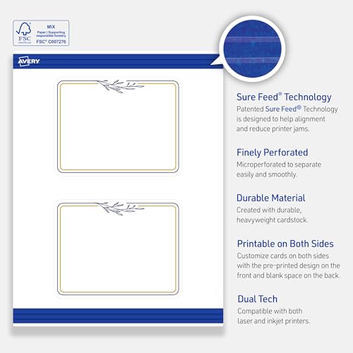 Avery Printable Rectangle Postcards, Rounded Corners, Gold & Navy Border, Florals, 4.25" x 5.5", Matte White Cardstock, Laser/Inkjet, 20ct, Great for Postcards by Avery - Image 3