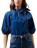 Women Puff Short Sleeve Denim Shirt Pullover Casual Mock Neck Jean Blouse Top with Bow Navy Blue
