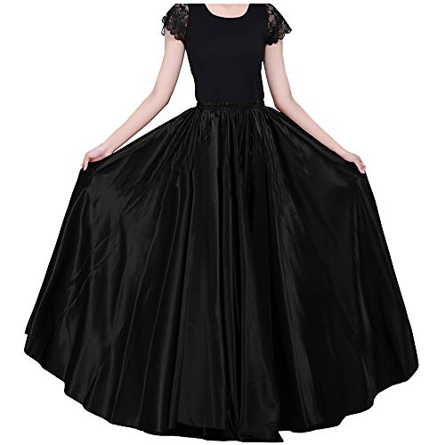 Ladies 90cm Satin Maxi Midi Skirt Long Dress Elastic Waist for Belly Dance Princess Party Cosplay Costume Black