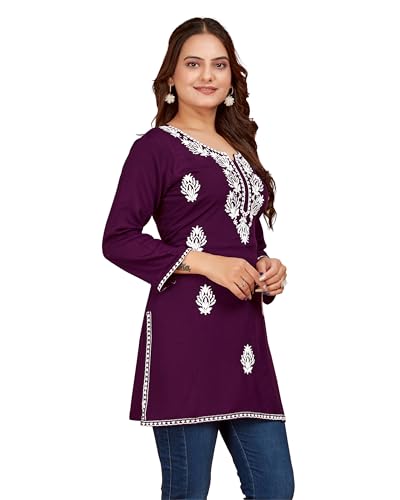 Image of Women's Rayon Chikankari Embroidered Short Kurti | Lucknowi Work Kurta