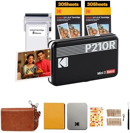 Kodak Mini 2 Retro 4Pass Portable Photo Wireless Colour Home Inkjet Printers(2.1X3.4 Inches) + 68 Sheets Gift Bundle, Black