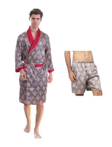 Men's Satin Pajama Robe and Short Pants with Elegant Patterns,Ice Silk Pajamas Robe made of Artificial Silk,10+ Colors,丝绸睡袍 (US, Alpha, X-Large, Regular, Regular, Red)