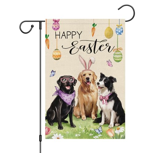 Wodison Happy Easter Dogs Garden Flag 12 x 18 Inch Double Sided，Easter Eggs Golden Retriever Dog with Rabbit Ear Yard Flag for Outdoor Easter Decoration