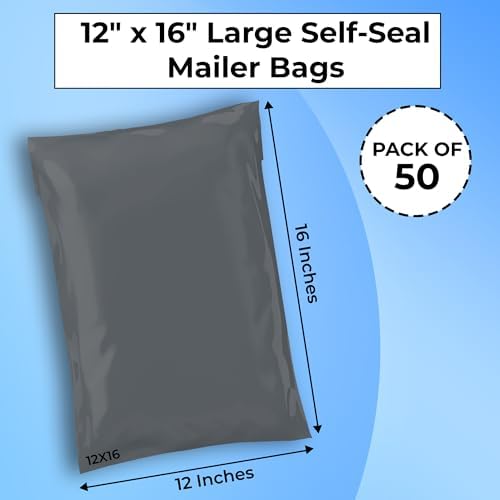Double Dragon 50-Pack 12"x16" Self-Seal Grey Poly Mailer Bags |Self-Seal Shipping Envelopes | Strong, Waterproof, Tamper-Proof Polythene Packaging for Clothes, Bedding & Parcels (Also for Storage) - View 4