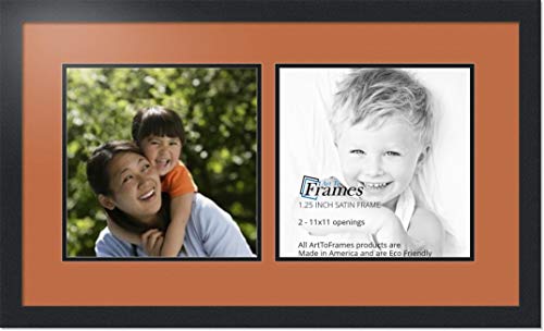 ArtToFrames Collage Photo Frame Double Mat with 2-11x11 Openings with Satin Black Frame and Red Orange mat.