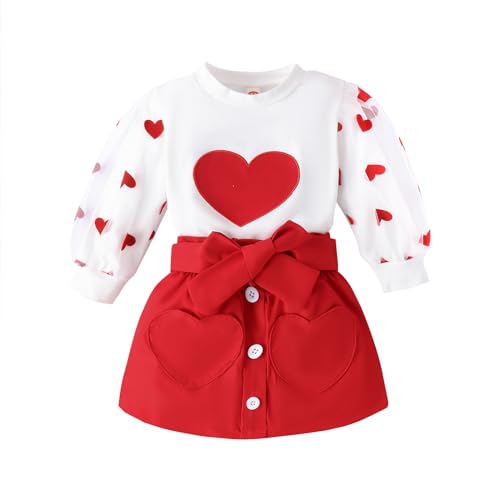Noubeau - Baby Girl Valentines Day Heart Long Sleeve Sweatshirt Set Red Skirt Set, Red -, 3-4 años