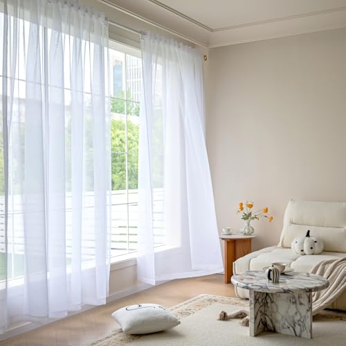 Image of MYSTIC-HOME Sheer Curtains 95 Inches Long 2 Panels White Sheer Drapes for Living Room & Bedroom with Back Tab & Rod Pocket 108 Inch Extra Wide Sheer Curtains 95 Inches Long Soft Light Filtering