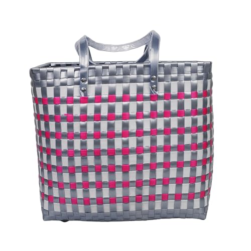 Image of Hand Made Multipurpose Plastic Basket with Lid | Eco-Friendly, Washable, Rust-Free Storage Basket for Kitchen, Picnic, Toys, Travel, Office | Lightweight basket (Pink with Grey, M)