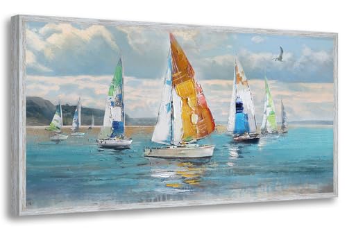 Ardemy Sailboat Canvas Wall Art Large Framed Nautical Pictures Wall Decor Living Room Coastal Paintings Ocean Textured Artwork Bedroom Dining Room Home Office, 48"x24"