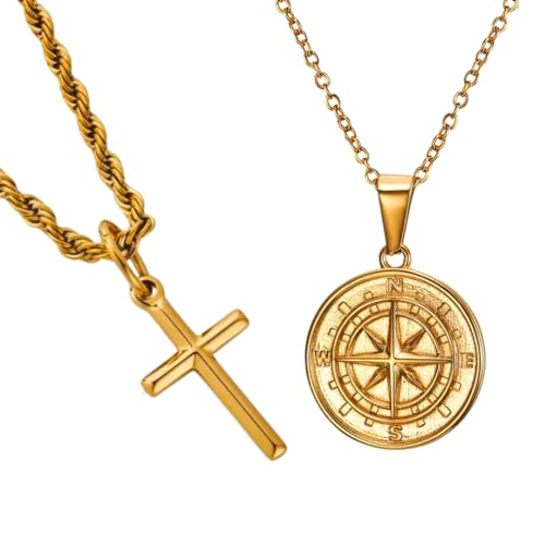 DVRK Conjunto Collares para Hombre Bañados en Oro 18k con Base de Acero Inoxidable 316L (Pack Cruz Bussola)