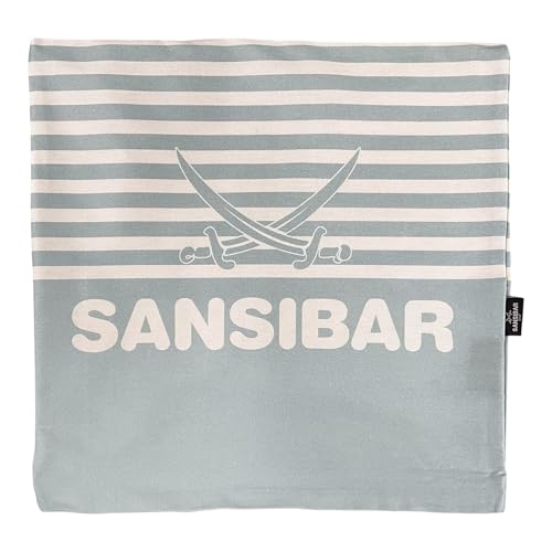 Sansibar Kissenhülle 45x45 cm – 100 % Baumwolle, mit verdecktem Reißverschluss, gestreift, maritimes Design mit Säbel-Logo – Dekokissenbezug (Blau/Weiß)
