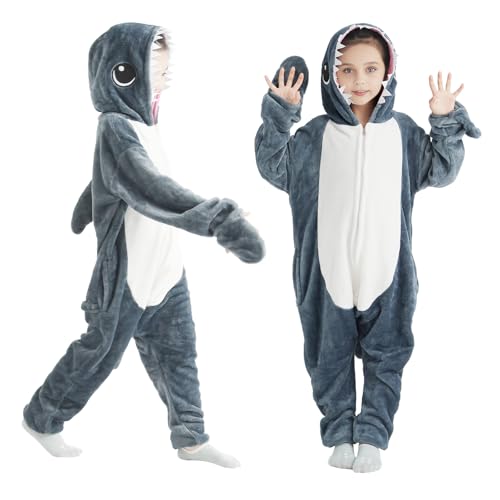 JCJ Halloween Shark Costumes Stitch Onesie Pajamas for Kids Shark Sleeper Pajama Set Hooded for Boys Girls (9-10Y)