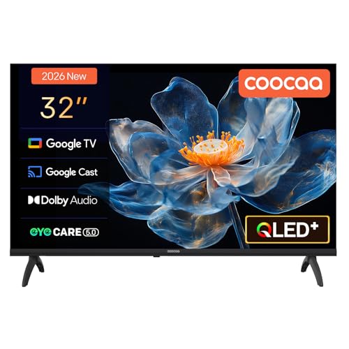 coocaa Smart TV 32 Pulgadas (80 cm) QLED HD, Televisor con Google TV, HDR10, Dolby Audio, Bluetooth 5.1, Chromecast Integrado, Eye Care, Triple Tuner DVB T/T2/C/S/S2 Ci+, Modelo 2026