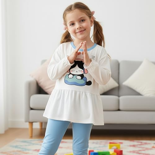 Image of UMELOK Girls Clothing Set 2 Pcs Long Sleeve Ruffle Print Top and Leggings Fall Outfit Size 4-7 Years