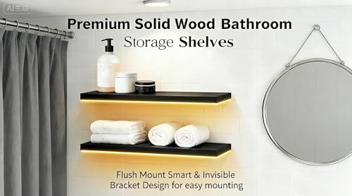 Image of ROGMARS Black Floating Shelves for Wall with Led Light 36 Inches Long,Rustic Solid Wood Farmhouse Wall Shelves with Invisible Brackets for Bedroom, Living Room, Kitchen, Bathroom Set of 2