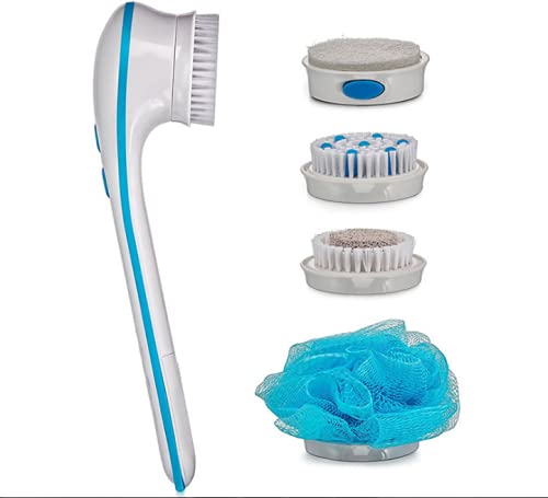 Electric Shower Brush, BESTHINKY Waterproof Long Handle Massager Bath Brush Body Cleaning Exfoliating SPA Massage Scrubber with 5 Replacement Brush Heads (White)