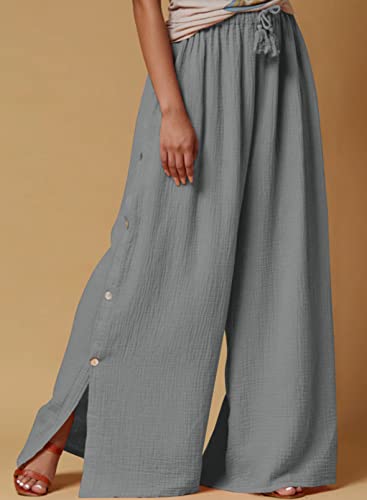 Dokotoo Summer Women's Yoga Pants Resort Wear For Women 2023 Stylish High Elastic Waist Drawstring Wide Leg Oversized Pants Side Button Split Workout Beach Trousers Gray Xl #TOP1