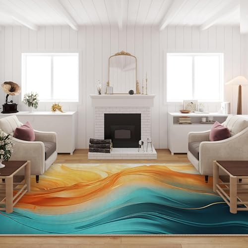 Tapete decorativo 5'x7' naranja y teal lavable antideslizante miniatura 3