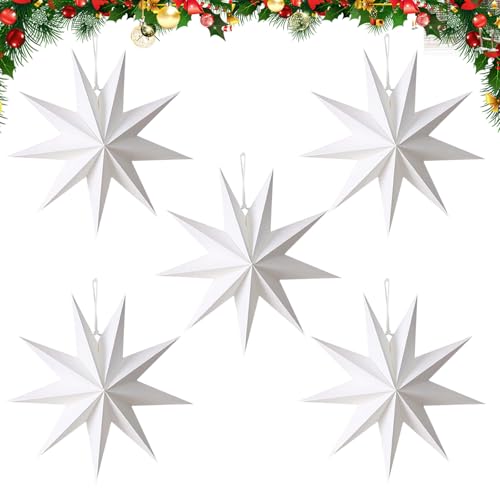 Sikweny 5 Estrela Natal 30 cm ornamentos suspensos tridimensionais estrelas Natal com cordão para celebrações natalícias festas de aniversário festas temáticas decoração diária casa (branco)