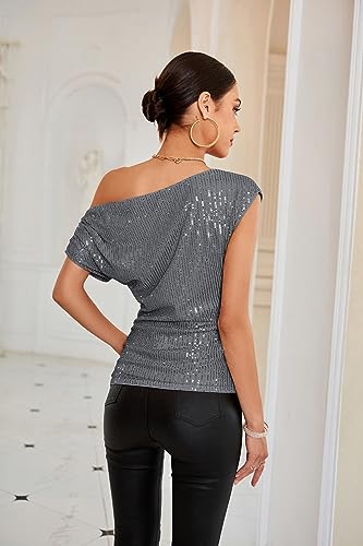 Image of GRACE KARIN One Shoulder Sequin Sparkly Tops for Women Ruched Asymmetrical Glitter Tops Slimming Sparkle Party Shirts