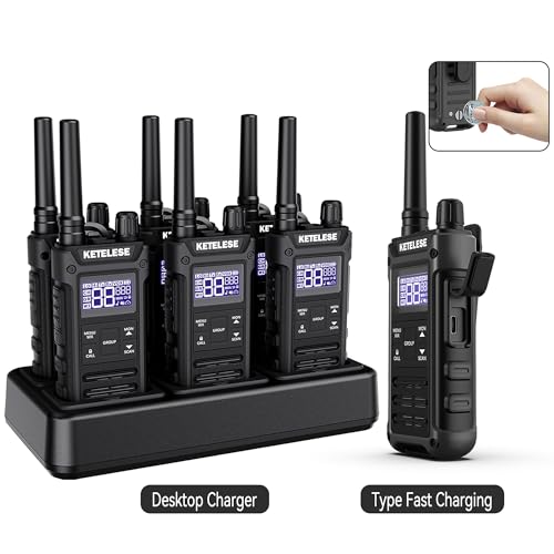Image of KETELESE T3G Heavy Duty Walkie Talkies Type-C Rechargeable, IP67 Waterproof 2 Way Radios with Earpiece, Adapter, Dock, PTT Group, NOAA, VOX, 6 Pack Walkie Talkie for Adult Black /Grey
