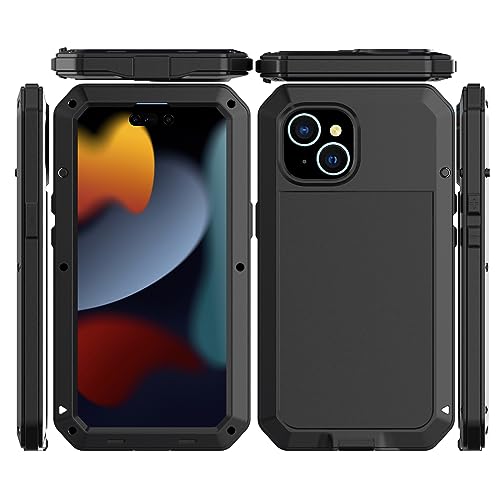 iPhone 15 Case Heavy Duty, Gorilla Glass Armor Aluminum Alloy Metal Cover Bumper Military Shockproof Hard Defender Men Gift for iPhone 15 (Black)