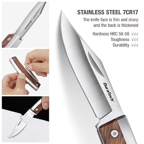 DURATECH zakmes met houten greep, 170 mm zakmes, camping- en outdoormes van roestvrij staal - Afbeelding 5