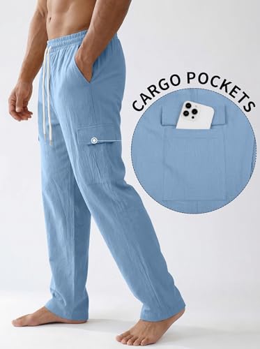 Image of Men's Linen Pants Casual Cargo Pants with Pockets Lightweight Elastic Waist Drawstring Pants Baggy Beach Pants