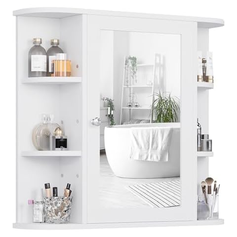 Shintenchi Bathroom Wall Cabinet with Mirror, Wall Mounted Medicine Cabinet with 4 Internal and 6 Open Shelves, Mirrored Door Over The Toilet Storage Cabinet, White Cover
