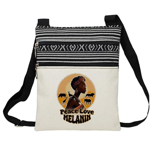 African American Messenger Bag Small Ethnic Pattern Adjustable Strap Crossbody Zipper Pouch Inspiring Phone Organizer Wallet Peace Love Melanin Shoulder Handbag for Black Women