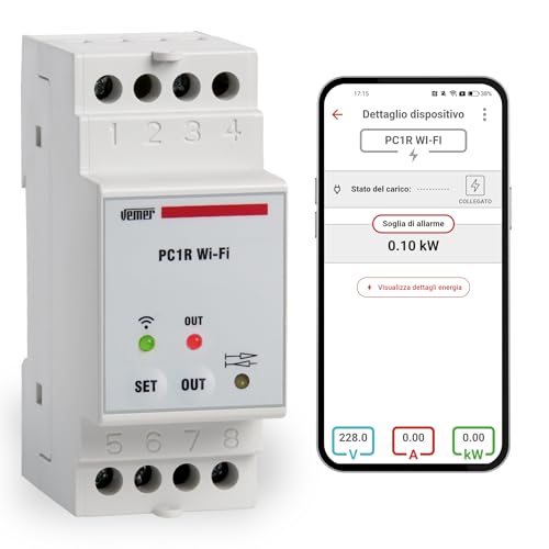 VEMER VE799700 PC1R WIFI: Centralina Controllo Carichi Smart Anti Blackout, Relè Gestione Carichi WiFi con APP, Misuratore Consumo Elettrico, Installazione su Barra DIN, Bianco