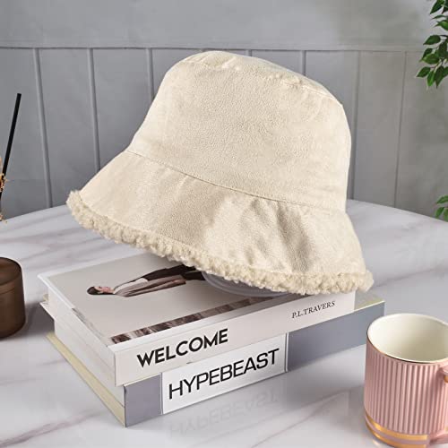 Yonchic Reversible Faux Fur Bucket Hats, Winter Plush Fuzzy Fall Warm Bucket Hat Fisherman Cap, Outdoor Thick Warm Fishing Hat, Double-Side-Wear Sun Cap (Beige) #TOP4