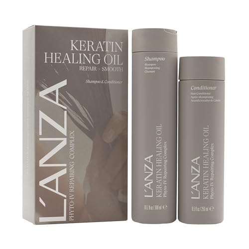 L'ANZA Keratin Healing Oil Shampoo & Conditioner Set, for Dry Damaged Hair, Moisturizing, Detangles, Reduces Breakage, Adds Shine, Anti-Frizz, Color Safe Anti-Humidity Strengthening Care, Haircare Kit