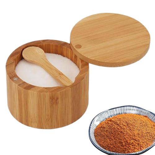 木製の塩箱 |磁気蓋とスプーン付き調味料ホルダージャー、スプーン付き大容量調味料ポット木製塩ボックス、乾燥品、コーヒー豆の保管